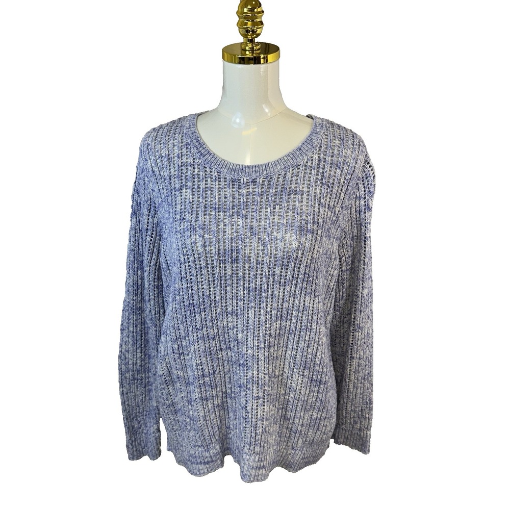Talbots Blue White Marled Sweater Pullover 100% Cotton Open Knit Crochet XL